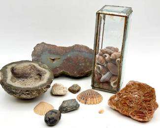 Assorted Rocks, Minerals, Shells & Vintage Glass Display Tower
