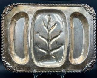 Vintage Silverplate Meat Carving Tray with Tree Well & Side Channels

