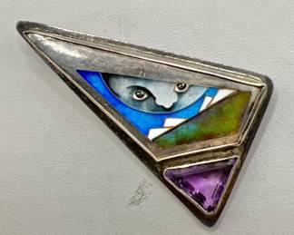 Signed Sterling Silver Abstract Art Gemstone Brooch

