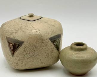 Signed Handmade Raku Studio Pottery Lidded Jar & Vase
