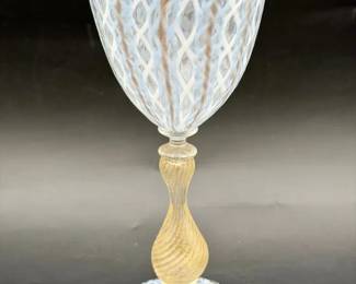 Murano-Style Handblown Art Glass Goblet with Latticino & Gold Aventurine Stem
