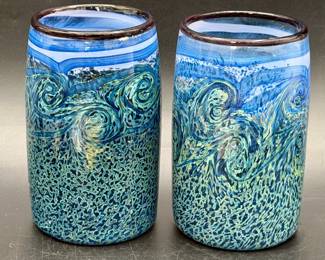 (2) Hand-Blown Art Glass Tumblers – Ocean Swirl Design
