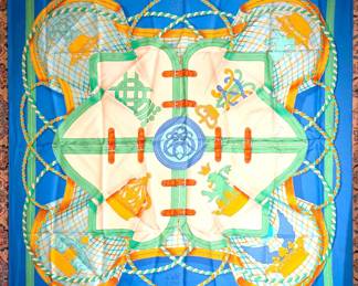 Hermès “Grande Tenue” Silk Scarf – Blue/Green/Orange – Made in France – 100% Silk
