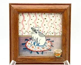 Signed Enid Romanek Framed Cat Watercolor with Miniature Glass Fish Bowlr
