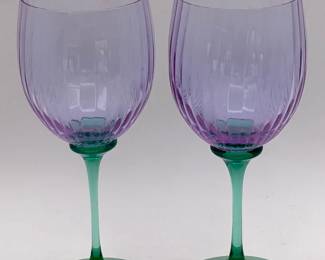 (2) Amethyst & Emerald Handblown Wine Goblets – Ribbed Bowls – Elegant Color-Blocked Stems
