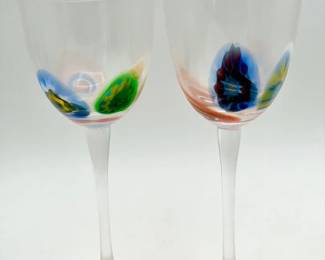 (2) Signed Handblown Art Glass Wine Goblets – Multicolor Inclusions
