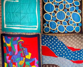 (4) Vintage Silk & Synthetic Scarves – Assorted Artistic & Graphic Designs
