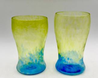 (2) Signed Casco Bay Glass Hand-Blown Tumblers – Yellow & Blue Swirl
