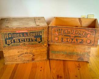 (4) Vintage Wooden Advertising Crates – Biscuits, Soap & Fruit
