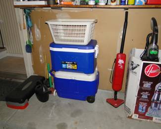 Two coolers and a laundry basket