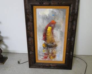 Mid Century Modern Painting, lined with velvet, and framed in a hand cut wood frame