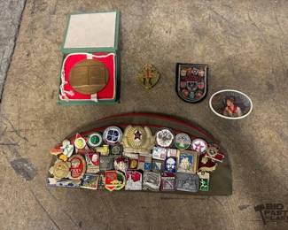 2076 Soviet Military Hat With Patches And Pins, Professor Kazimierz Demel Medal,Spanish Badge, And More