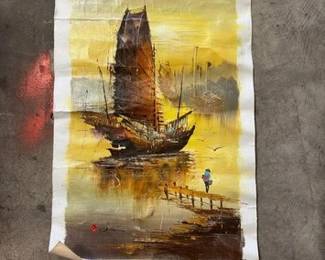 1076 Chinese Junk Boats Painting on Canvas