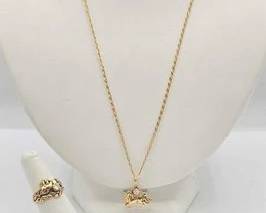 411  14kt Gold and Diamond Necklace  Ring Set, 9.4g 