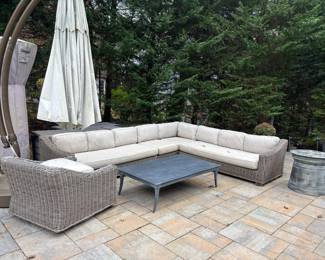 RESTORATION HARDWARE OUTDOOR WICKER AND TABLES. CANTELEVER UMBRELLA