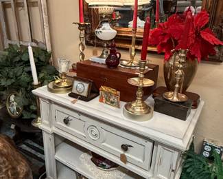 candlesticks, brass vase, beautiful hanging shelf