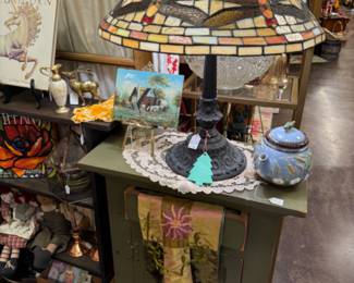 tiffany lamp with metal base, furniture, art