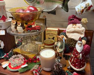 Santas, candles, owl salt and peppers, vintage cake stand, and more