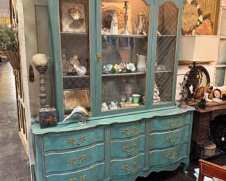 French provincial china cabinet or hutch with a beautiful and unique aqua finish