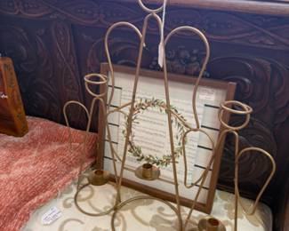 metal angel decor, decorative wooden bench