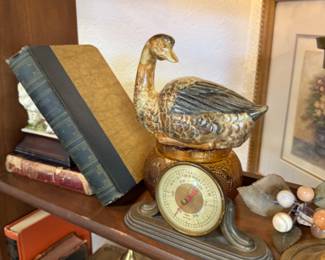 brass bell, vintage books, figurines