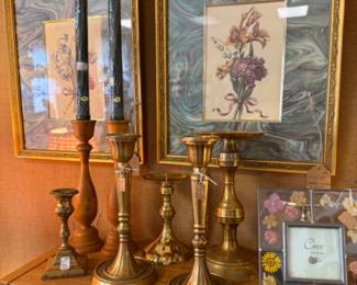 Brass candlesticks, framed art