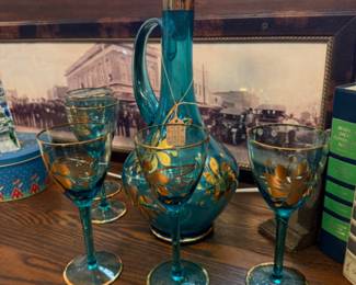 Vintage Bohemian aqua blue glass decanter set with gold floral details