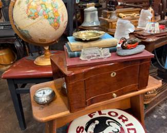 antique globe, florida state stool, wooden end tables