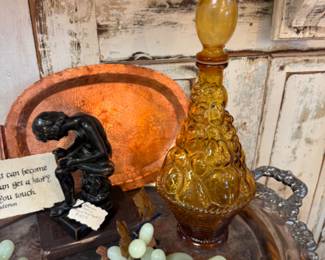 Small copper platter, vintage genie bottle, jadeite grape cluster, statuary, beautiful ornate footed silver platter