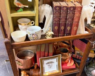 vintage books, copper pots, figurines, framed oils
