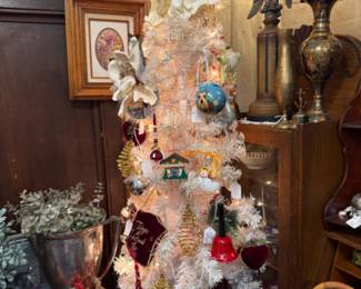 Vintage Christmas ornaments and tree, tea pot, decor