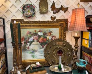 oil paintings, beautiful large brass cast candlesticks, pottery, brass and copper hanging butterflies, vintage item small wreath, brass lamp, framed prints