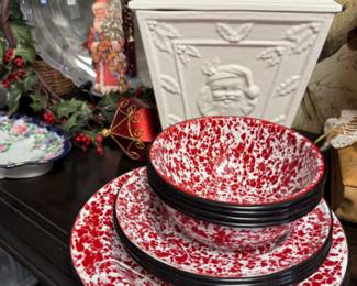 Splatter red enamelware bowls, plates and salad plates, 