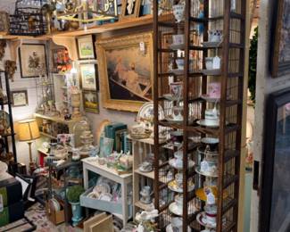 pretty tea cups and saucers to add to your collection or to start one, framed art, furniture, brass and birds