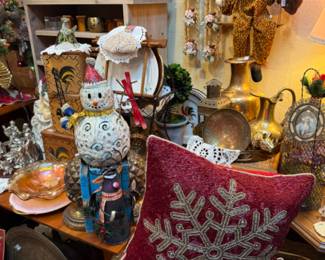 Snowmen, decorative pillows, vintage santas, ornaments and more