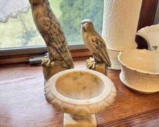 Alabaster bird bath & birds