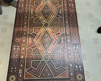 Mother of pearl inlay gaming table with original felt for cards, checker board 