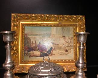 Oil on board, .800 silver items