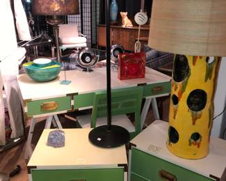 1970s Modern Campaign style laminated desk, pair of nightstands sold separately