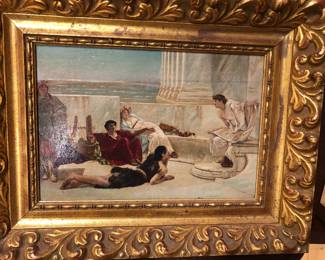 Oil on board 15 inches x 11.5 inches overall. Copy of A Reading By Homer by Sir Lawrence Alma Tadema
