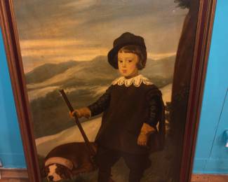 Oil painting copy of Diego Velázquez Prince Baltasar Carlos as a Hunter, identified on back.