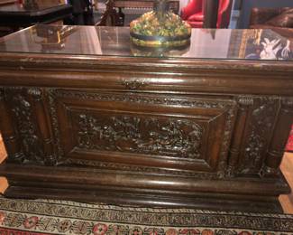 Antique carved French chest/desk with hidden front compartment
