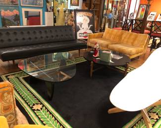 Milo Baughman for Thayer Coggin furnishings including black vinyl sofa & side chair, Open ended Sofa