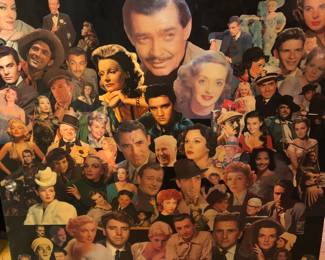 Large vintage Movie Stars under lacquer on wood hanging collage