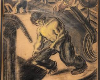 William Sommer drawing of a shirtless industrial worker, signed