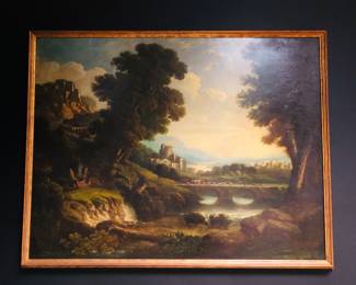 Large fine 19th c. Romantic landscape oil painting 