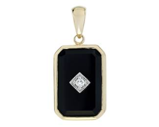 "This exquisite Art Deco style pendant showcases a stunning combination of diamond and black onyx. Crafted in 14K yellow gold, the pendant features a round cut diamond weighing approximately 0.035 carats, set in a square bezel. It is beautifully surrounded by octagonal shaped onyx, weighing approximately 3.55 carats. With dimensions of 25mm in length (excluding bail) and 11mm in width, this pendant is a perfect accessory for any occasion. Note that it will be supplied without a chain and comes in an attractive box.

Victorins Auctions will coordinate all domestic and international shipping. Please allow approximately 10–15 business days for processing. Certain items may require additional handling time depending on their location, origin, or special packaging requirements. By registering for or placing a bid in a Victorins auction, you confirm that you have reviewed, understood, and agreed to our Shipping, Payment, and Auction Policies."
