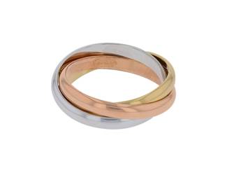 "This exquisite Cartier Trinity ring features a timeless design with three interlocking bands made from 18k gold in white, yellow, and rose tones. The ring exemplifies Cartier's rich heritage and the artistry of vintage jewelry, making it a stunning addition to any collection. At a width of 0.5 cm and a thickness of 0.2 cm, this elegant piece weighs 6.1 grams. Currently sized at 51, resizing is possible for the perfect fit. With its symbolic meaning of friendship, love, and fidelity, this ring is a cherished emblem of devotion.

Victorins Auctions will coordinate all domestic and international shipping. Please allow approximately 10–15 business days for processing. Certain items may require additional handling time depending on their location, origin, or special packaging requirements. By registering for or placing a bid in a Victorins auction, you confirm that you have reviewed, understood, and agreed to our Shipping, Payment, and Auction Policies."
