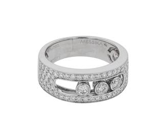 "This exquisite ring from Messika's Move Joaillerie collection features a stunning open design crafted from 18k white gold. The centerpiece includes three prominent round diamonds, elegantly arranged in a horizontal fashion. The band is intricately encrusted with smaller diamonds, enhancing its luxurious flair. Weighing 7.1 grams and featuring a total diamond weight of 1 carat, this piece is a true statement of modern elegance. Ring size is 52, but resizing is not possible, making it a perfect fit for the discerning wearer.

Victorins Auctions will coordinate all domestic and international shipping. Please allow approximately 10–15 business days for processing. Certain items may require additional handling time depending on their location, origin, or special packaging requirements. By registering for or placing a bid in a Victorins auction, you confirm that you have reviewed, understood, and agreed to our Shipping, Payment, and Auction Policies."
