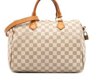 "This stunning Louis Vuitton Damier Azur Speedy Bandouliere 30 handbag combines luxury with practicality. Crafted from premium damier canvas in a refreshing white and light blue pattern, it features vachetta leather trim and rolled handles for a comfortable grip. The detachable leather strap allows for versatile wearing options. With a secure top zip closure and an interior zip pocket, it provides ample space for your essentials. An ideal accessory for stylish outings, this bag is a must-have for any fashion enthusiast.

Victorins Auctions will coordinate all domestic and international shipping. Please allow approximately 10–15 business days for processing. Certain items may require additional handling time depending on their location, origin, or special packaging requirements. By registering for or placing a bid in a Victorins auction, you confirm that you have reviewed, understood, and agreed to our Shipping, Payment, and Auction Policies."

